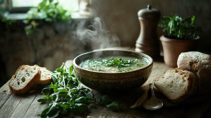 Poster - A steaming bowl of soup surrounded by fresh herbs and bread on a rustic wooden table, evoking warmth and comfort.