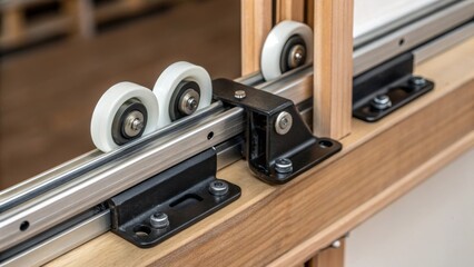 Aufkleber - A medium closeup of a pocket door sliding mechanism showcasing the rollers and bracket attachments that support the doors movements.