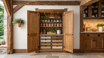 Poster - A medium closeup of a pullout pantry being integrated into a rustic kitchen showcasing warm wood tones and decorative elements like potted herbs.