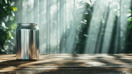 Poster - A striking image of a solitary glass jar set against a backdrop of soft rays of light filtering through greenery, capturing purity and simplicity in nature's embrace.