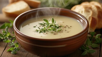 Poster - A steaming bowl of soup surrounded by fresh herbs and bread on a rustic wooden table, evoking warmth and comfort.