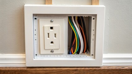 Aufkleber - A medium closeup of a recessed outlet partially installed into the wall revealing the clean lines of the housing and electrical wires neatly organized behind it.