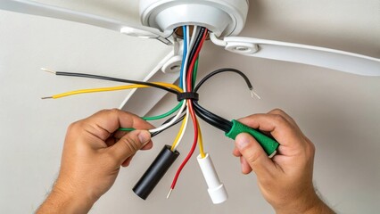 Poster - A medium closeup of a persons hands connecting electrical wires with colorful wires black white green visible as they prepare to install a ceiling fan light fixture.