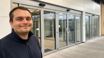 Poster - A medium closeup of a satisfied customer observing the completed installation with the newly fitted automatic sliding doors behind them emphasizing their modern design and