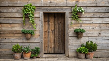 Aufkleber - A medium closeup of a rustic wooden wall with weathered planks hiding a secret entrance adorned with potted plants that seamlessly blend the old and the new.