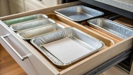 Aufkleber - A medium closeup of a shallow drawer filled with ting boards and baking sheets emphasizing clever storage solutions that fit into limited space.