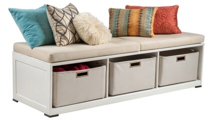 Aufkleber - A medium closeup of a sleek modern bench with builtin storage compartments beneath adorned with plush cushions and vibrant throw pillows.