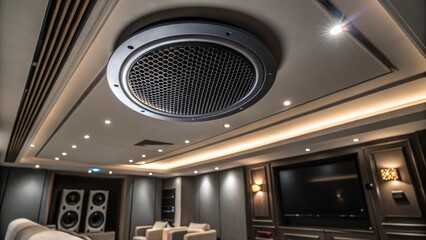 Aufkleber - A medium closeup of a sleek round ceiling speaker its metal grille reflecting ambient light enhancing the visual appeal of an upscale home theater setting.