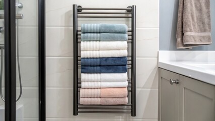 Poster - A medium closeup of a sleek towel rack mounted above the utilizing vertical space while showcasing neatly folded towels in coordinating colors.