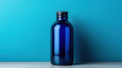 Poster - A serene blue glass bottle rests elegantly on a textured wooden surface, highlighting both its smooth curves and the natural imperfection of the wood.