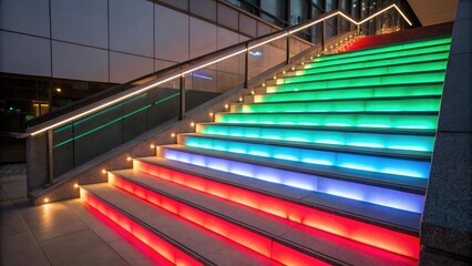 Poster - A medium closeup of a staircase featuring colorful RGB LED strips illuminating the risers creating a vibrant gradient effect that enhances the contemporary design.