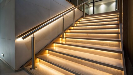 Aufkleber - A medium closeup of a staircase corner featuring meticulously installed lighting beneath the treads illuminating the space and highlighting the sleek modern railing.