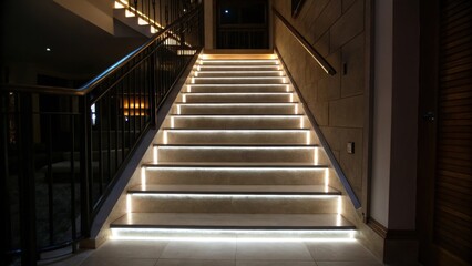 Aufkleber - A medium closeup of a staircase landing with stylish LED backlighting outlining the perimeter creating a dramatic focal point in a dimly lit environment.