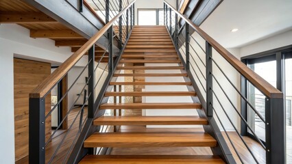 Aufkleber - A medium closeup of a staircase with open risers made of wood and metal emphasizing the airy feel and seamless flow of space in the loft.