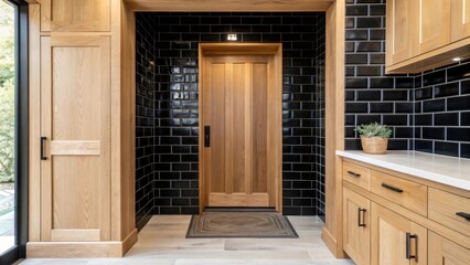 Aufkleber - A medium closeup of a stylish entryway featuring a glossy black subway tile accent wall that contrasts with lightcolored wooden accents creating an inviting and modern atmosphere.