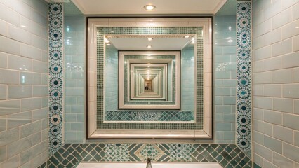 Poster - A medium closeup of a stylishly tiled shower area featuring infinity mirrors on the back wall reflecting intricate tile patterns and creating an illusion of expanded space.