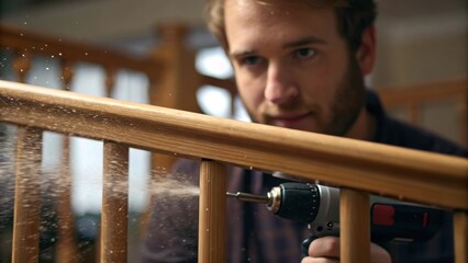 Poster - A medium closeup of a technician drilling into the wooden handrail dust particles hanging in the air with a focused expression on their face.