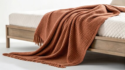 Poster - A medium closeup of a textured throw blanket elegantly draped over a recessed bed frame enhancing the overall warmth and comfort of the design.