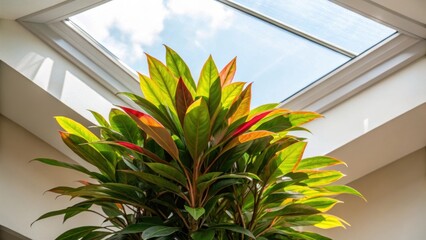 Poster - A medium closeup of a vibrant indoor plant thriving under the natural light streaming through the skylight illustrating the positive impact of energyefficient design on indoor