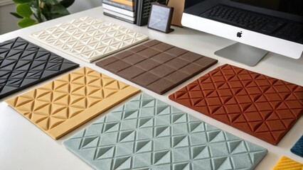 Poster - A medium closeup of a variety of acoustic panel designs spread out on a desk showcasing different colors and textures suitable for a home office.