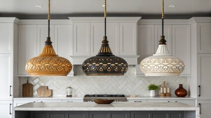 Poster - A medium closeup of a trio of pendant fixtures with varying colors and shapes providing an eclectic contrast to a minimalist kitchens sleek cabinetry.