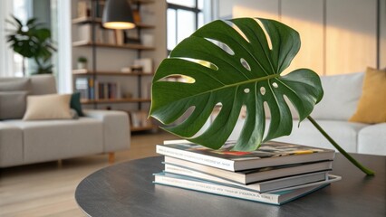 Poster - A medium closeup of a vibrant monstera leaf resting atop a stack of design books its iconic outs creating a bold statement against the backdrop of a modern living room.
