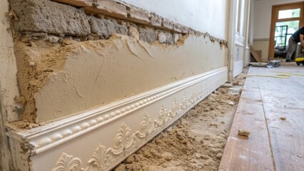 Aufkleber - A medium closeup of a wall halfway through renovation revealing layers of rough base plaster and the smooth decorative finish beginning to emerge at the edges.