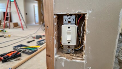 Poster - A medium closeup of a wall in process of renovation featuring exposed wiring and a partially removed switch plate highlighting the transformation.