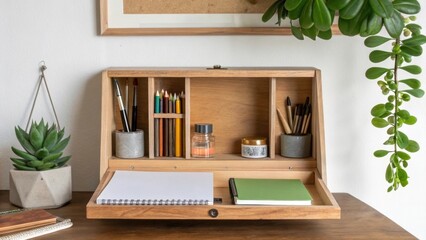 Aufkleber - A medium closeup of a wallmounted desk with a hidden compartment open revealing a collection of art supplies and a sketchbook complemented by a hanging green succulent.
