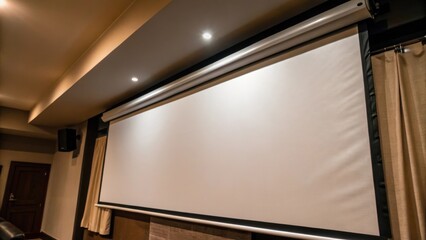 Aufkleber - A medium closeup of a wallmounted large projection screen being unrolled highlighting its smooth surface and crisp edges against a dimly lit room.