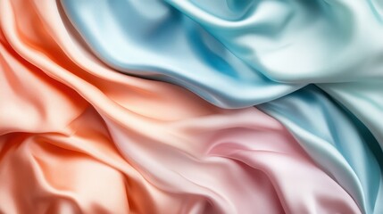 Poster - A stunning visual of flowing silk fabrics transitioning between vibrant hues of orange, pale pink, and blue, illustrating a harmonious blend of colors that captivate the senses.