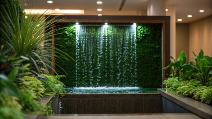 Aufkleber - A medium closeup of a water feature integrated into a green wall droplets sparkling in the light creating a serene oasis indoors.