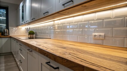 Fototapete - A medium closeup of a wooden kitchen counter juxtaposed with a glossy LEDlit backsplash displaying the contrast between organic and modern elements.