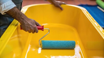 Poster - A medium closeup of a workers hands holding a paint roller poised over a vibrantcolored bathtub indicating the meticulous craftsmanship involved.