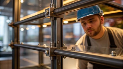 Poster - A medium closeup of a worker tightening bolts on a metal frame that supports the glass showcasing the gleam of the metal against soft illumination.