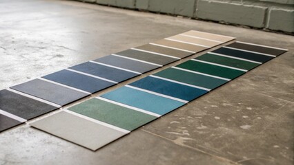 Poster - A medium closeup of color samples laid out next to a concrete floor showcasing the range of shades available for achieving an industrial aesthetic.