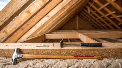 Aufkleber - A medium closeup of exposed rafters and insulation in the attic highlighting the careful renovations underway with tools like a hammer and nails resting on a wooden beam.