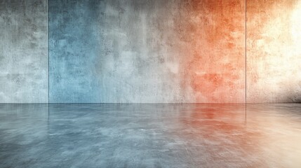 Poster - Concrete room, blue and orange light, reflective floor, empty space, background