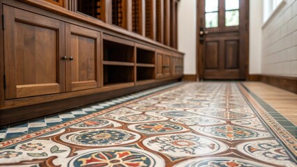 Aufkleber - A medium closeup of intricate tile work on the mudroom floor contrasting beautifully with the rich wood of a custom storage unit against the wall.