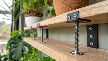 Aufkleber - A medium closeup of metal screwheads securing the brackets under a floating shelf with a background of lush greenery from a potted plant in the neighboring space.