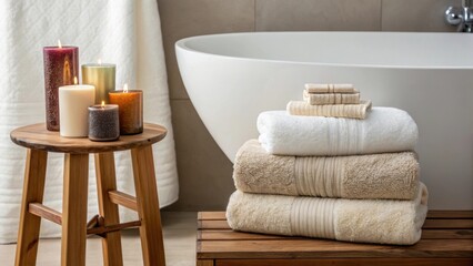 Poster - A medium closeup of luxurious bath accessories like plush towels and scented candles neatly arranged on a wooden stool next to a stylish freestanding tub.