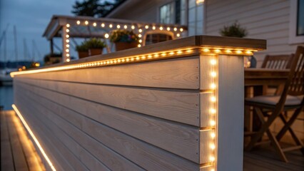 Poster - A medium closeup of LED ambient lighting installed along the top edge of shiplap casting a warm glow that enhances the nauticalinspired dÃ©cor in the evening.