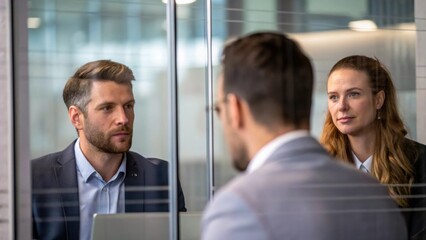 Aufkleber - A medium closeup of professionals engaged in a discussion with a glass partition in the foreground creating a dynamic composition that balances privacy and openness.