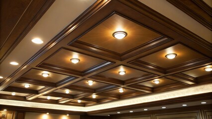 Aufkleber - A medium closeup of several installed recessed lights their polished trim reflecting light onto the drop ceiling panels creating a warm and inviting atmosphere.