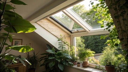 Poster - A medium closeup of sunlight streaming through a partially od retractable skylight illuminating a room filled with greenery highlighting the natural light enhancing the indoor
