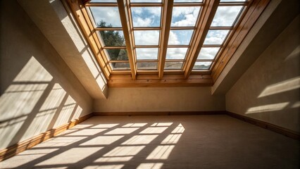 Fototapete - A medium closeup of sunlight pouring in through a newly installed skylight casting intricate shadows on the rooms walls and floor.