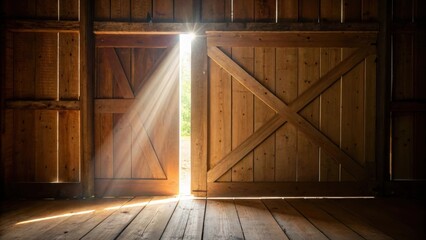 Aufkleber - A medium closeup of sunlight streaming through the cracks of an open barn door illuminating the wooden texture and creating an inviting ambiance in the room.