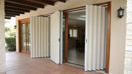 Aufkleber - A medium closeup of the accordion doors in a partially open position displaying the layered effect and how they create an openconcept feel in the space.