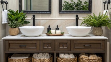 Aufkleber - A medium closeup of the beautifully organized vanity area showcasing two stylish vessel sinks paired with matte black faucets surrounded by elegant decorative items and lush