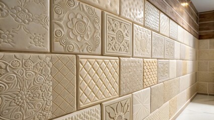Aufkleber - A medium closeup of the final reveal of a freshly tiled bathroom wall showcasing an artistic arrangement of various textured tiles bathed in natural light.